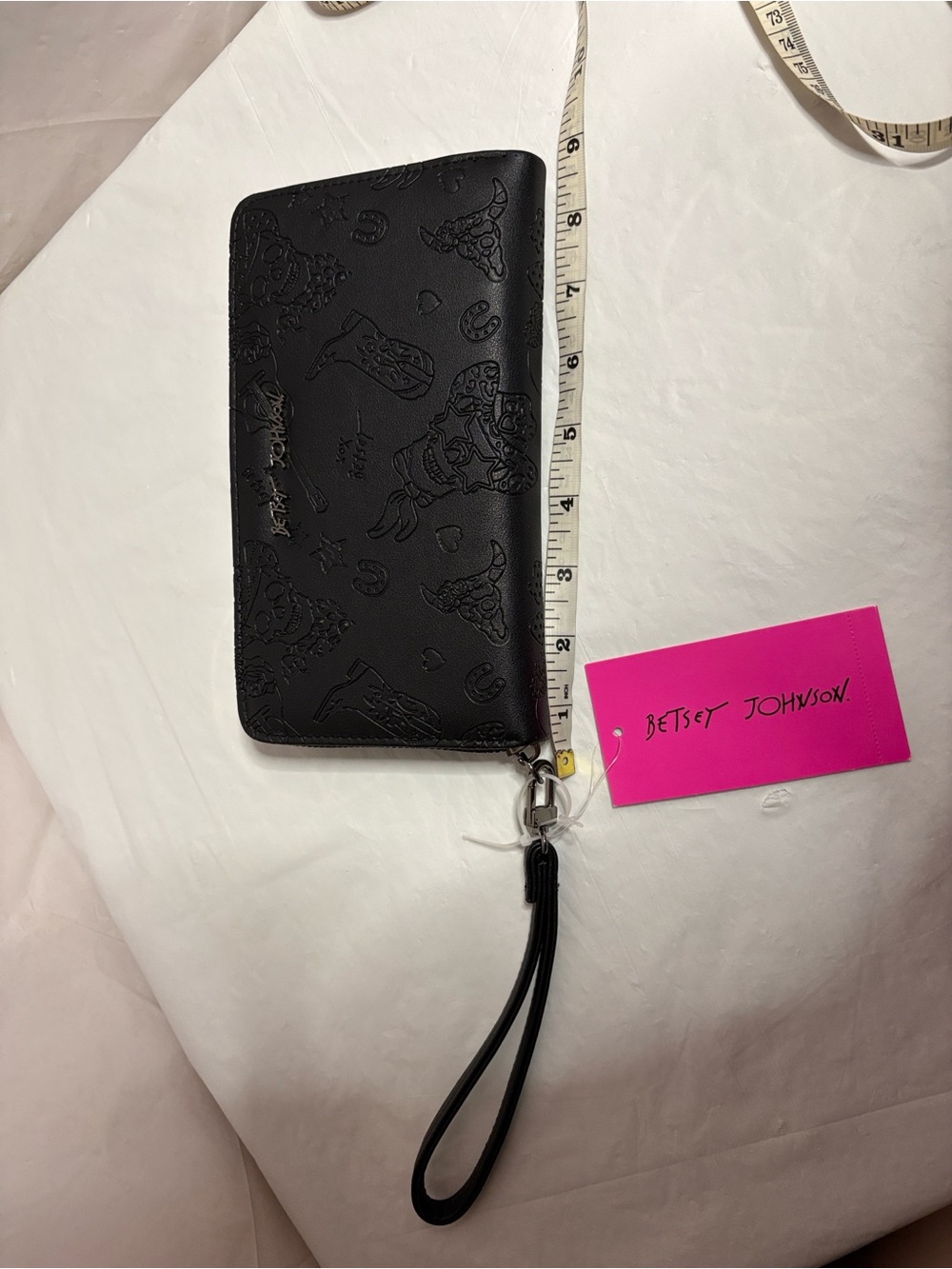 Betsey Johnson Black Embossed Zip Wristlet Wallet with Tassel Strap